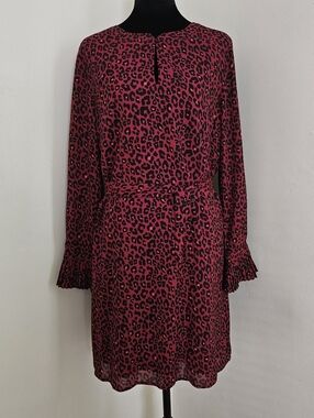 LOFT Cheetah Print Cranbury Button Keyhole Neck Pleaded Long Sleeve Shirt Dress